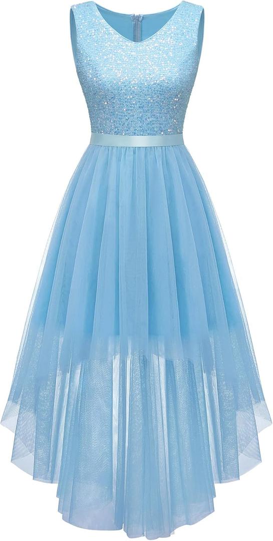 BeryLove Sequin Wedding Guest Formal Cocktail Dresses Prom Party Lace High Low Bridesmaid Elegant Dress (Small, Tulle Sequin Lightblue)