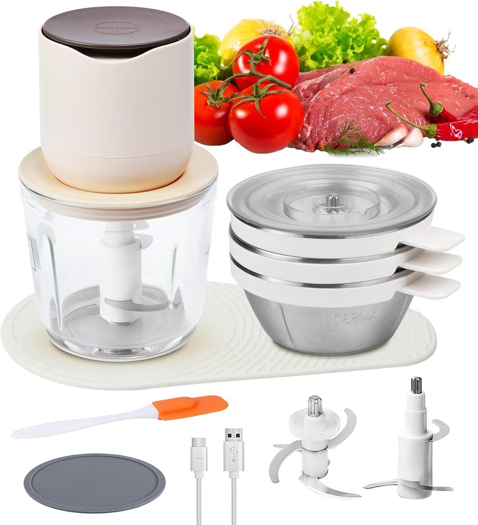 4-in-1 Small Food Processor Cordless Set with 600ml Glass Bowl, 3*240ml Stainless Steel Bowls and 3+4 Blades, USB-C Rechargeable Battery Mini Meat Vegetable Chopper, Electric Kitchen Blender Wireless
