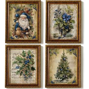 JXREQ Vintage Christmas Pictures Wall Decor Prints,Blue Christmas Wall Art Decorations for Home Kitchen Bedroom Bathroom Living Room Office,Santa Claus Xmas Tree Decor Prints Set of 4,8x10 Unframed