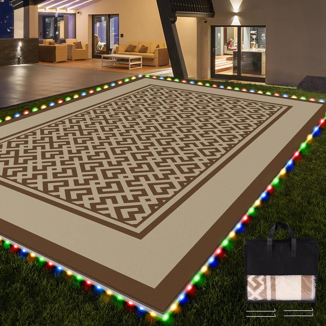RV Outdoor Rug with Lights 5x8ft, Outdoor Camping Rug, Waterproof, Easy Cleaning, Non Shedding, Foldable and Portable, Reversible Mats for RV, Deck, Beach, Camping, Patio, Picnic (Brown & White)