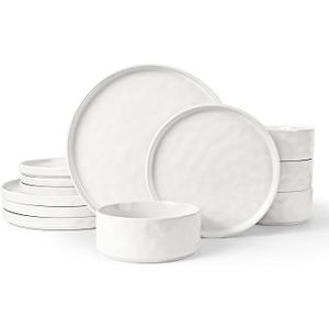 LIANYU Stoneware Dinnerware Sets, 12 Piece Plates and Bowls Dish Set for 4, Kitchen Speckled Dinner Ware Dining Dishware, Microwave & Dishwasher Safe, Polar White
