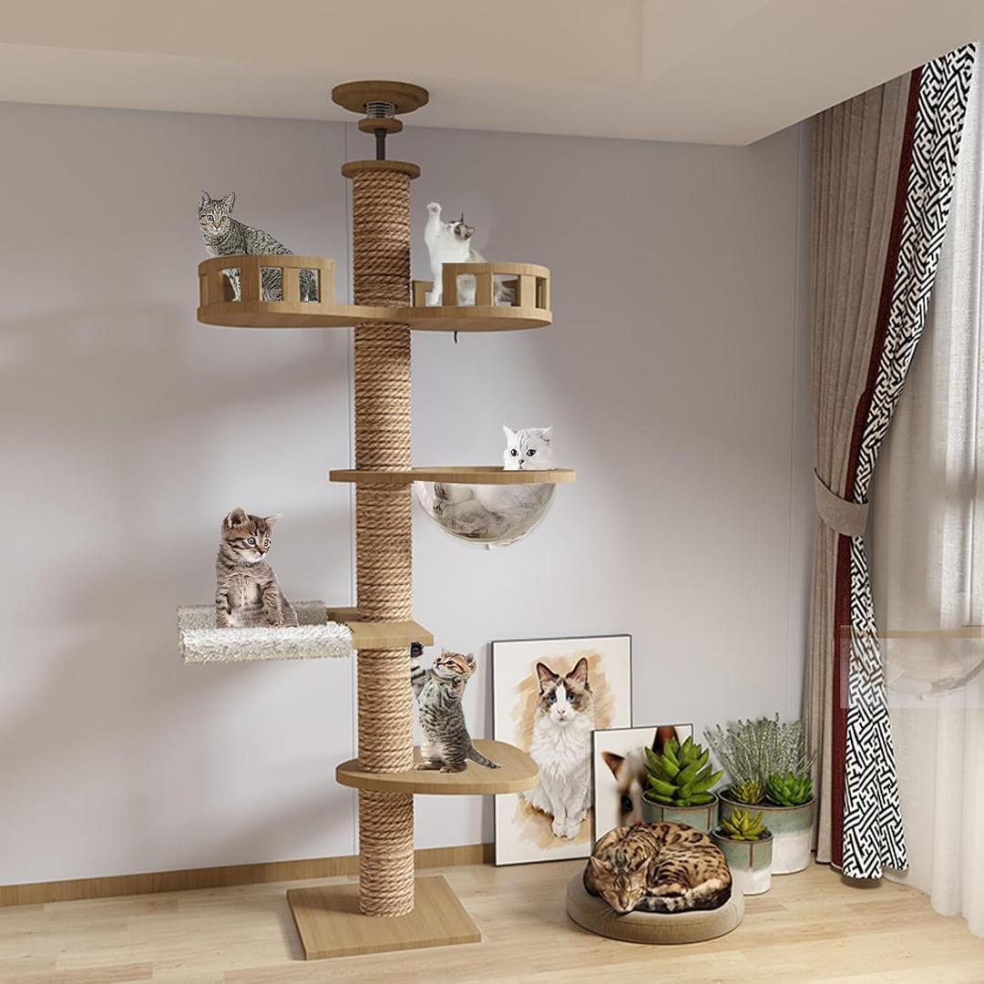Floor to Ceiling cat Tree - Adjustable Height (95-98in,104.3-108.2in)- with Width 4.33 in Scratching Post,Cat Hammock,Fully Wrapped with sisal Rope - Heavy Duty cat Tree.(Holds 110 lbs) (Brown)