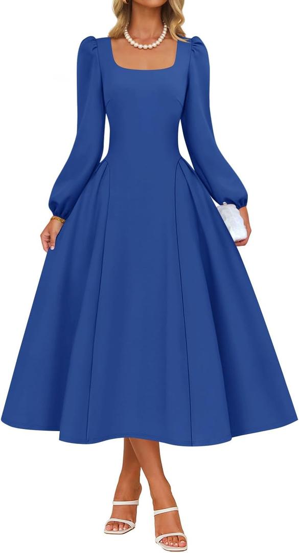 ZESICA Women's Long Sleeve Midi Dresses 2026 Fall Square Neck Swing A Line Wedding Guest Evening Prom Dress (Blue, M)
