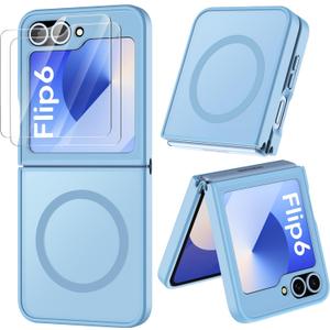 ORETECH Magnetic for Samsung Galaxy Z Flip 7 FE Case Galaxy Z Flip 6, with [2 x Screen Protector] Translucent Back Non-Slip Shockproof Bumper Case for Galaxy Z Flip 7FE/ 6 - Sierra Blue