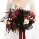 Ling's moment Black and Burgundy Wedding Bouquets for Bride, Gothic Bridal Bouquets for Bride, 13 Inch Free Form Artificial Wedding Flower Bouquet
