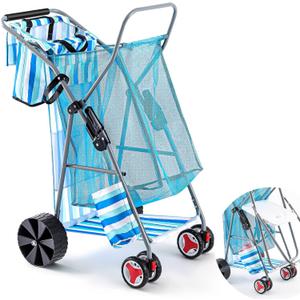 DoubleFill Beach Cart with Big Wheels for Sand, Foldable Beach Wagon Buggy with Surfboard Holder, Removable Tote and Aluminum Frame, Wide Wheel for Chairs, Cooler, Camping, Picnic Outdoor