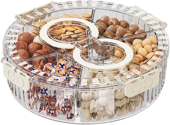 Koja Rotating Snackle Box Container with Lid - Portable Divided Serving Tray for Snacks, Nuts, Candy, Charcuterie, Veggies & Fruit - 360 Turntable Food Organizer for Parties, Movie Night & Travel