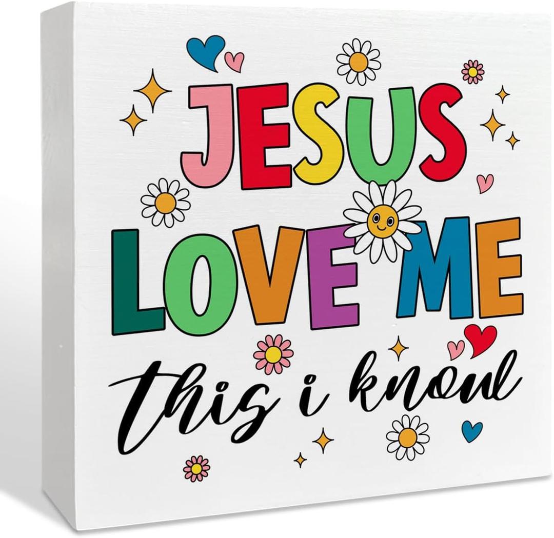 Jesus Loves Me This I Know Christian Baby Girl Boy Nursery Room Wood Box Decor Sign, Neon Smiley Christian Toddler Room Decorations for Baby Boys Girls