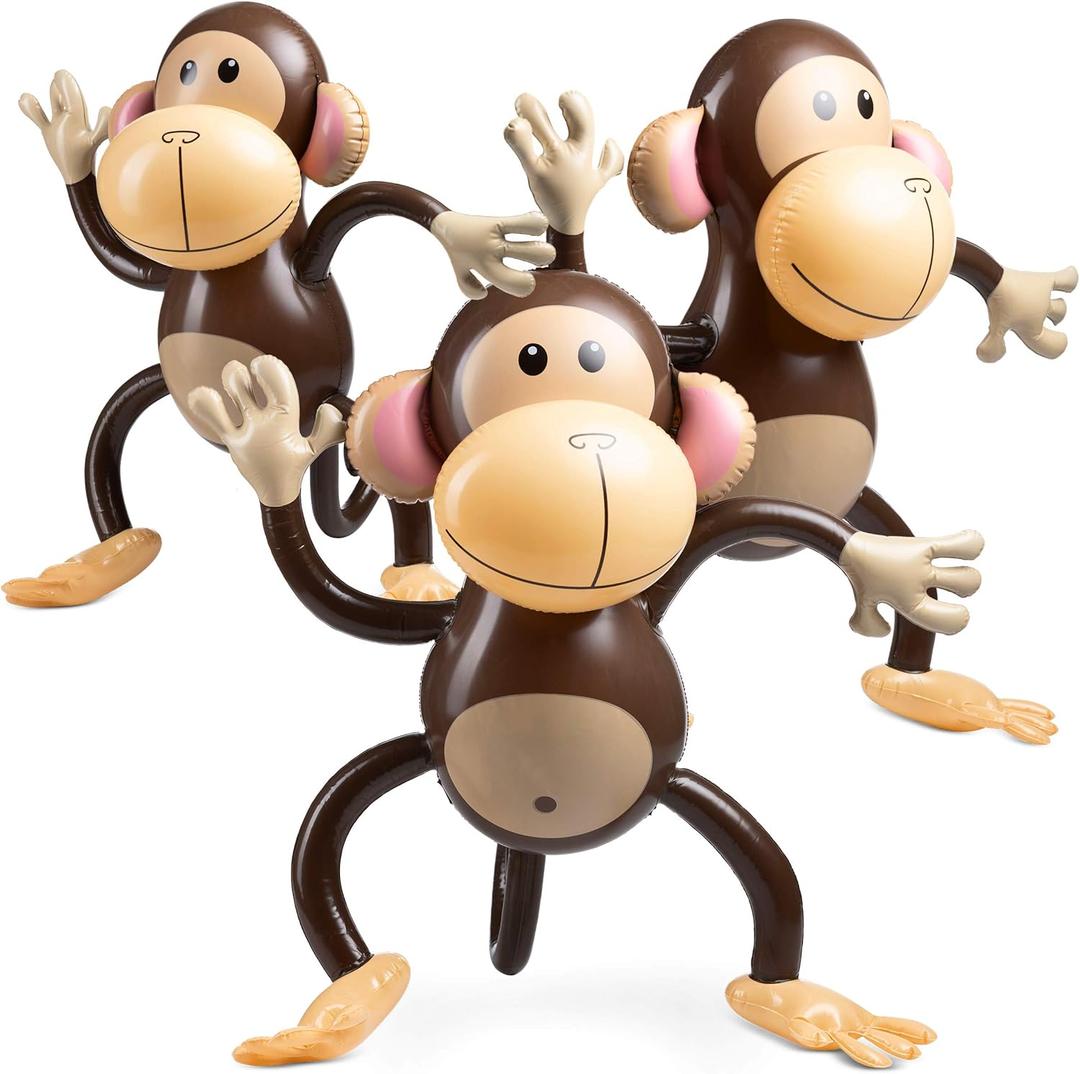 Large Inflatable Monkey (Pack of 3) 27Inch Monkeys for Baby Shower, Safari, Jungle Themed Birthdays, Blow Up Animal Party Favors and Decorations for Kids and Toddlers