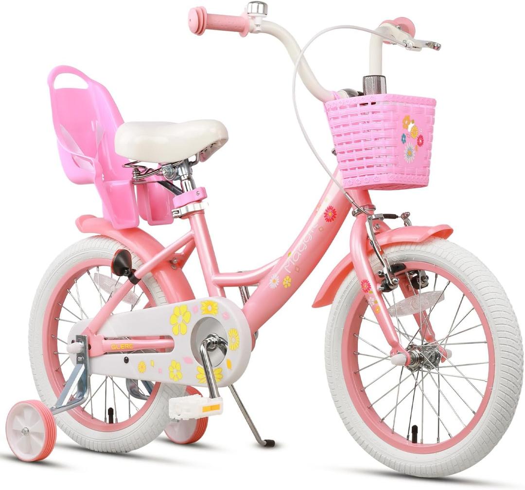 Glerc Maggie Girls Bike, 12-20 Inch Kids Bike for 2-13 Years Old Children, Princess Style Kids Bicycle with Doll-Seat & Basket & Training Wheels, Multiple Colors (Pink & White)