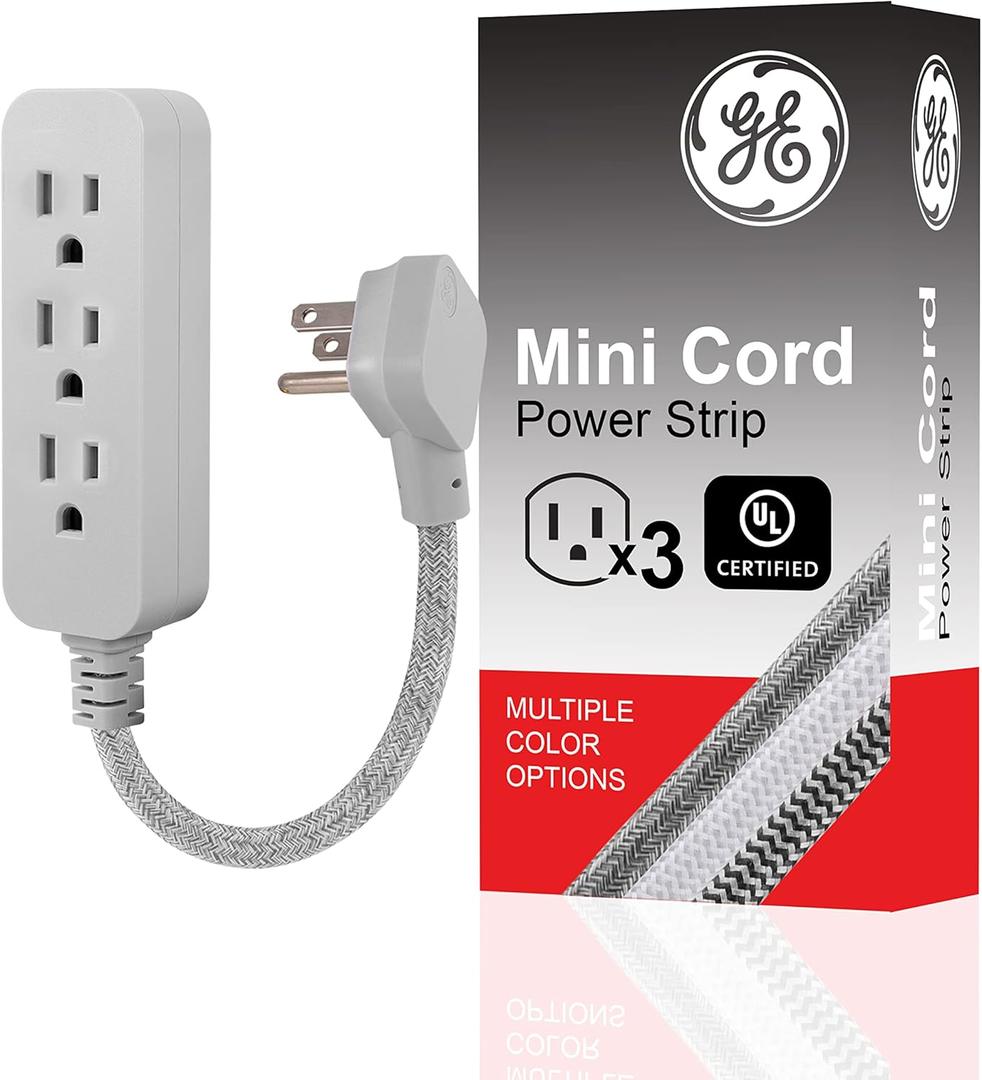 GE 3-Outlet Power Strip Extension Cord with Multiple Outlets 6 Inch Braided Short Cord Extension Cord Grounded Flat Plug ETL Listed Gray 53199