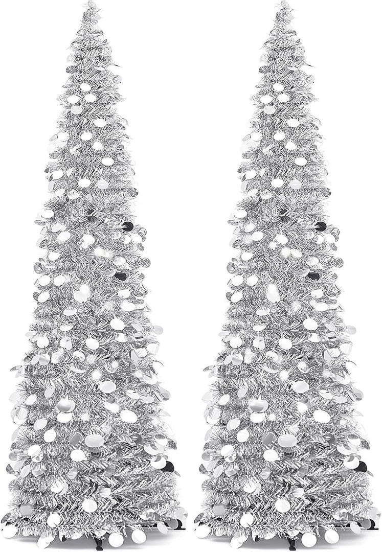 Leyndo 2 Pcs 5 ft Collapsible Artificial Christmas Tree Pop up Silver Sequined Tinsel Pencil Skinny Xmas Tree for Home Fireplace Decoration