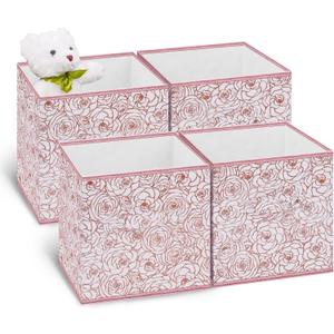 Collapsible Storage Cube Bins, 11 Inch Floral Cube Storage Bin, Fabric Cubby Organizer with Dual Handles and Tags For Nursery/Home Office/Closet/Kids Room/4-Pack(Flower Rosegold)
