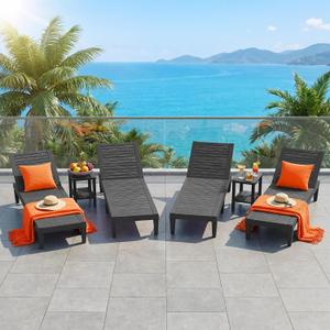 Outdoor Lounge Chairs Set of 4, 5-Position Adjustable Tanning Chairs with Wood Grain, All-Weather Resin Patio Recliners for Pool, Garden, Deck, Beach, Patio Lounge Chairs, Texture Black