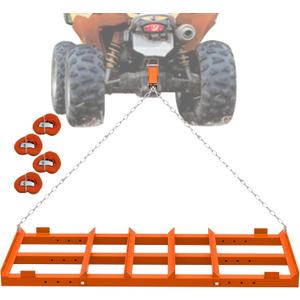4 Ft Drag Harrow, Heavy Duty Driveway Grader, Tow Behind Lawn Rake with 5 Ft Chain, 4 Safety Belts, 2 Adjustable Bars, Driveway Drag for Gravel, Sand, Lawn, Soil, Hay, ATV, UTV, Mower, Tractor, Orange