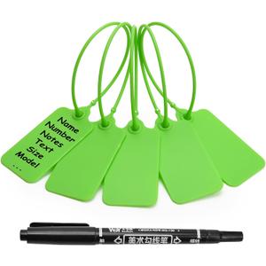 50 Green Blank Plastic Tags for Labeling Waterproof Hanging Labels Writable Tags Seal Plastic Marking Label for Clothes Bags Keys Inventory with One Marker Pen