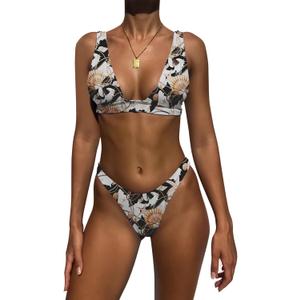 Bathing Suits for Women Deep V Neck Sexy Two Piece Bikini Sets for Women Thong Halter Cheeky Swimsuit (Large, Flower 3)