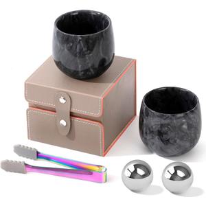 Marble Whiskey Glasses Set of 2, Bourbon Gifts for Men, Freezable Old Fashioned Bourbon Drinking Glass, Anniversary, Birthday Gifts (Black+Black)