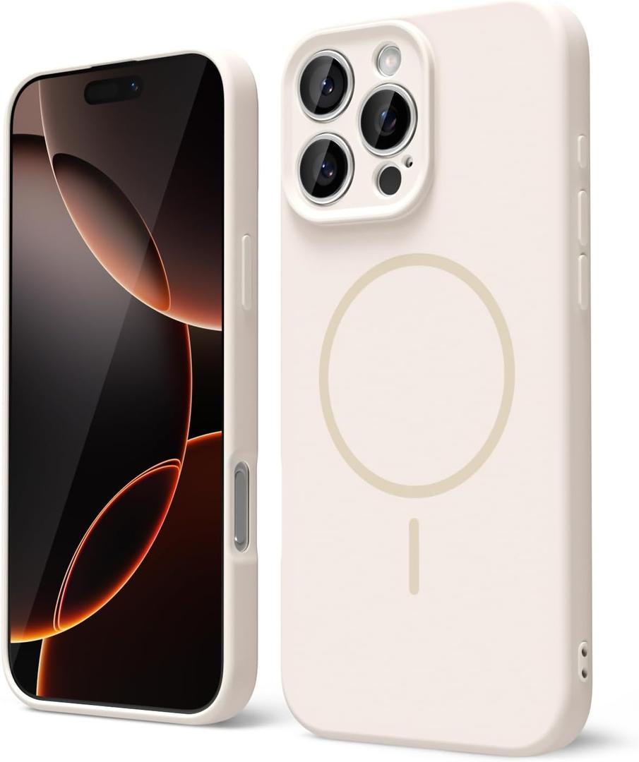 oakxco for iPhone 16 Pro Case Silicone Mag Safe, Magnetic Slim Thin Phone Case Compatible with Magsafe, Women Girls Cute Girly Aesthetic Soft Rubber Gel Safecase with Camera Cover, Beige