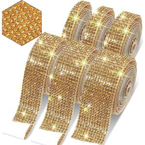 6 Rolls Self-Adhesive Rhinestone Ribbon Crystal Diamond Bling Ribbon DIY Decoration Sticker with 2 mm Rhinestones for DIY Arts Crafts,Wedding Party Decor,Car Phone Decoration. (Gold)