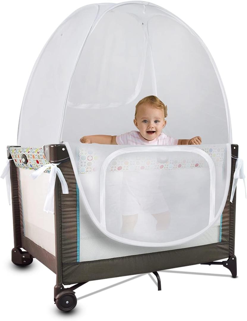 Baby Crib Tent Safety Net, Durable Strong Net, Self-Locking Zippers, Protects from Baby Climbing Out and, from Insects, Mosquitoes, Installs with Strong Rods ((Pack N Play Tent)