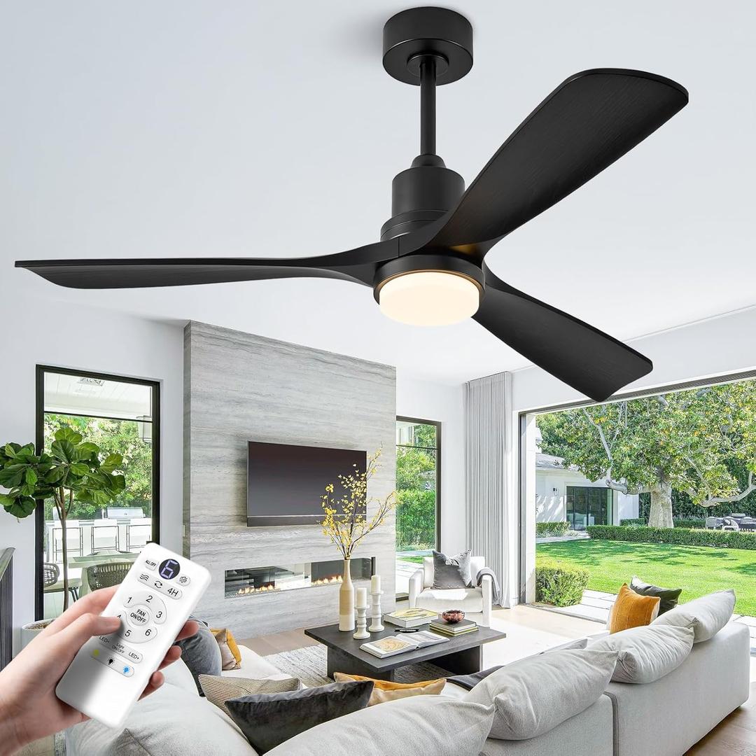 52 inch Smart Ceiling Fan with Lights,Outdoor Ceiling Fan 3 Wood Blades Compatible with Alexa/Gg Voice Control&App&Remote,Quiet DC Motor for Covered Patio Porch Bedroom,Black