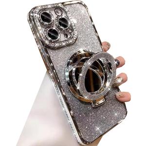 Magnetic Kickstand Glitter Case for iPhone 13 Pro Max,[Compatible with Magsafe] Bling Sparkly Rhinestones with Camera Protector & Makeup Mirror Women Girls Case for iPhone 13 Pro Max (Silver)