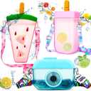 3 Pieces Cute Water Bottles with Straws Creative Kawaii Camera Shaped Ice Cream Bar Watermelon Adjustable Strap Plastic Water Bottle for Travel School Sport Kids (Fresh Style, Red, Pink, Blue)