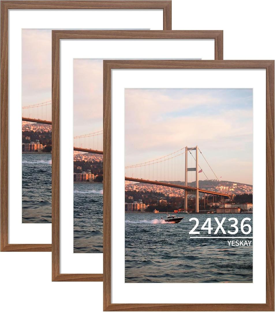 24x36 Picture Frame Brown Set of 3, Display Pictures 20x30 with Mat or 24 x 36 Without Mat, Poster Frames 24x36 for Wall Hanging Horizontal and Vertical