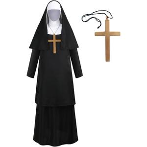 Women's Nun Costume, Nuns Black Dress Religious Outfit with Headpiece and Cross Necklace Church Halloween Christmas (Medium)
