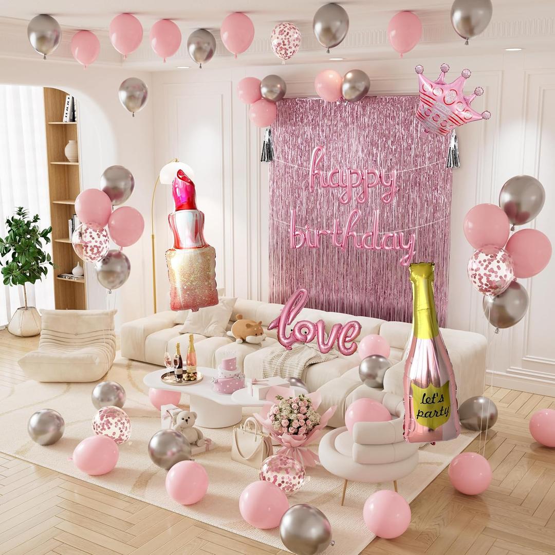 Pink Happy Birthday Decorations for Women and Girls  Pink and Silver Balloons, Happy Birthday Banner, Foil Crown Love Balloons with Fringe Curtain for Birthday Party Supplies