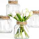 Houmury Glass Vases for Centerpieces Set of 4 Farmhouse 6 Inch Clear Large Vase Utensils Holder with Twine Ties Home Decor for Wedding Living Room Dining Table Office (4)