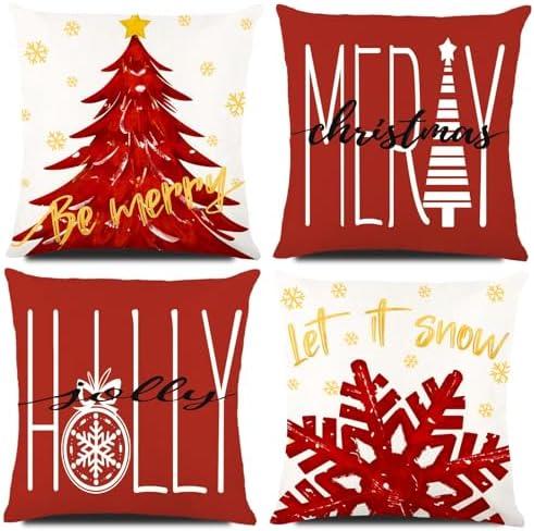 DIYDEC 8PCS Christmas Pillow Covers 18x18 inch Winter Throw Pillow Covers Red Merry Christmas Tree Snowflake Pillow Covers Gold Let it Snow Decor Cushion Case for Holiday Home Sofa Couch