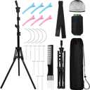 61'' Adjustable Wig Stand Tripod, Wig Holder Stand with Head, Caps, Elastic Bands, T Pins Tool Kit for Wigs Styling Making Display, Cosmetology Hairdressing Training