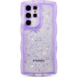 ZTOFERA for Samsung Galaxy S23 Ultra 5G Case 6.8",Cute Curly Wave Case with Star Glitter,Clear Shiny Bling Soft TPU Shockproof Phone Protective Cover for Women Girls-Purple