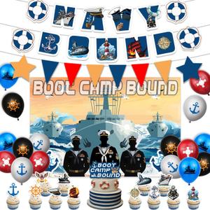 Navy Party Decorations Includes Navy Military Balloons-Navy Bound Banner-Cake Topper-Cupcake Toppers-Boot Camp Bound Backdrop for Military Navy Birthday Decoration