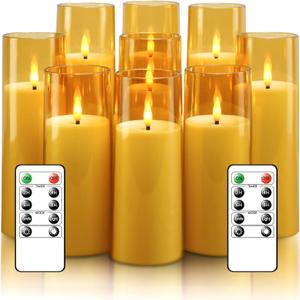 kakoya Flickering Flameless Candles Battery Operated with Remote and 2/4/6/8 H Timer Acrylic Led Pillar Candles Pack of 9 (appr D2.3"xH5.5"6.5"7.5")with Realistic 3D Wick Candles for Home Decor(Gold)