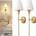 DORESshop Battery Operated Wall Sconce Set of 2, Wall Light Wireless Easy to Install Remote Control, Dimmable and Adjustable Sconces Wall Decor, Rechargeable Wall Lamp for Bedroom, Living Room, Gold (24.6 inch)