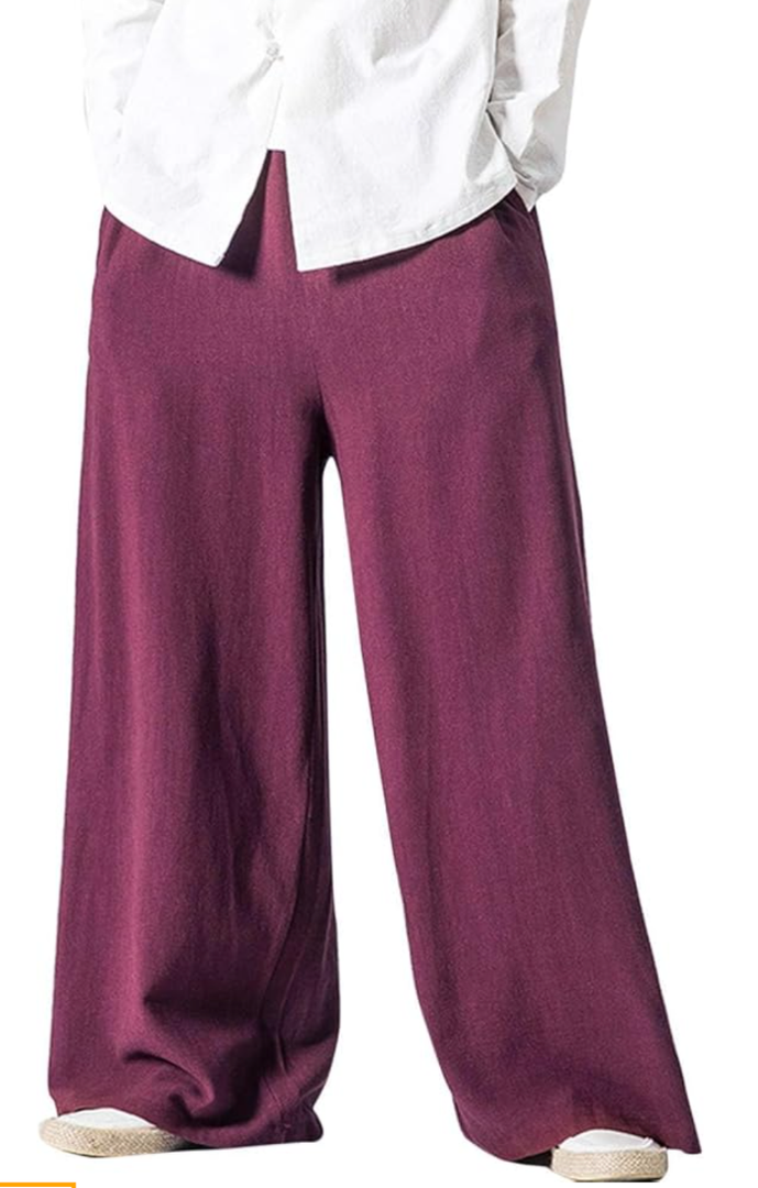Flygo Mens Linen Pants Casual Wide Leg Baggy Pants Summer Cotton Elastic Waist Yoga Beach Palazzo Trousers, XXL