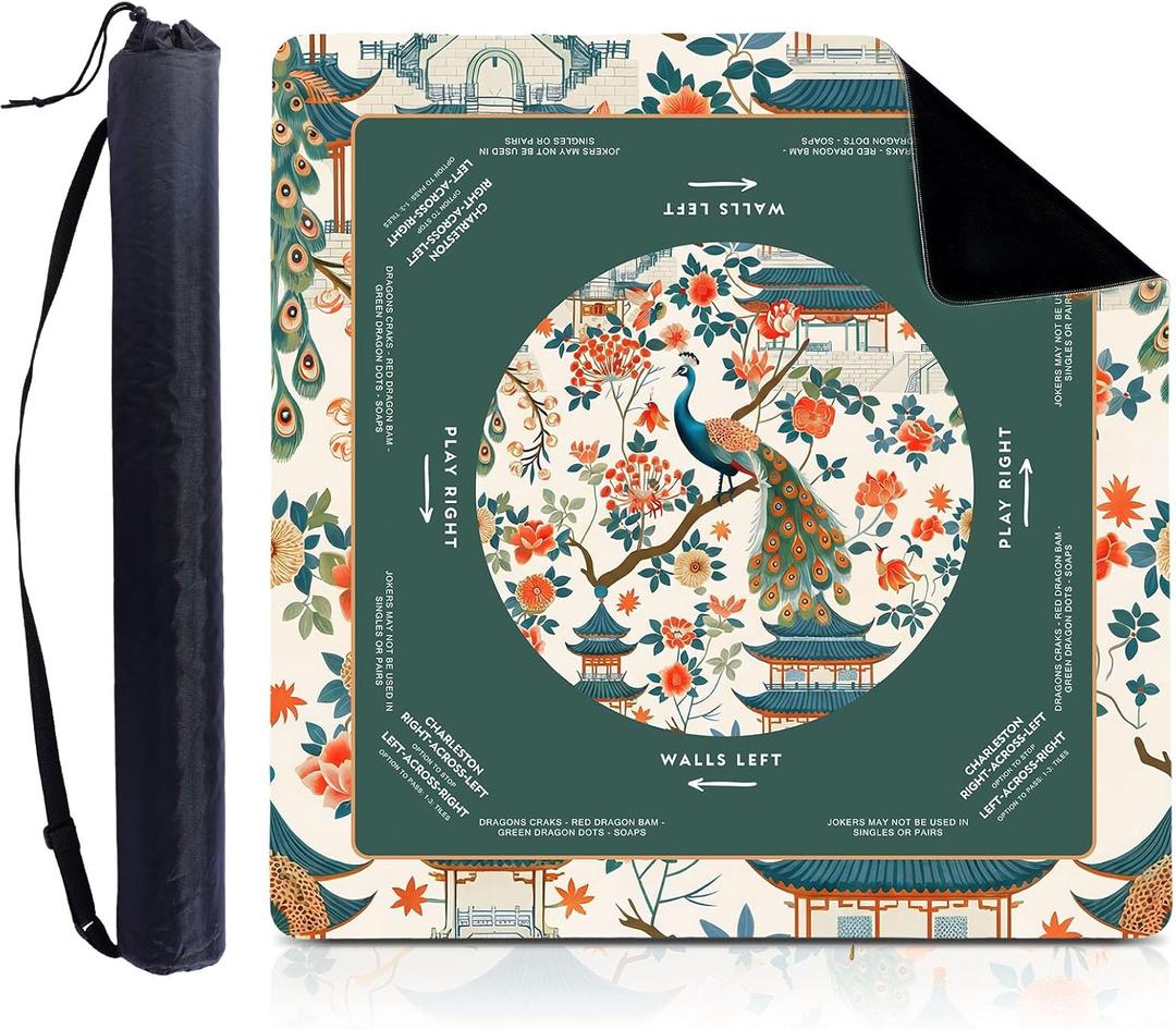 Foilswirl 1 Pcs Mahjong Table Mat Floral Peacock, 33" x 33" Green Chinoiserie Peacock Mahjong Mat Non-Slip Noise Reduction Carrying Bag for Poker Board Card Games Dominoes, Ships Rolled(Luxurious)