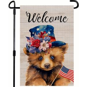 2 x Welcome 4th of July Bear Patriotic Garden Flag, America USA Stars Dark Blue Yard Lawn Outside Decor, Memorial Day Independence Day Outdoor Home Decoration Double Sided 12 x 18 inch