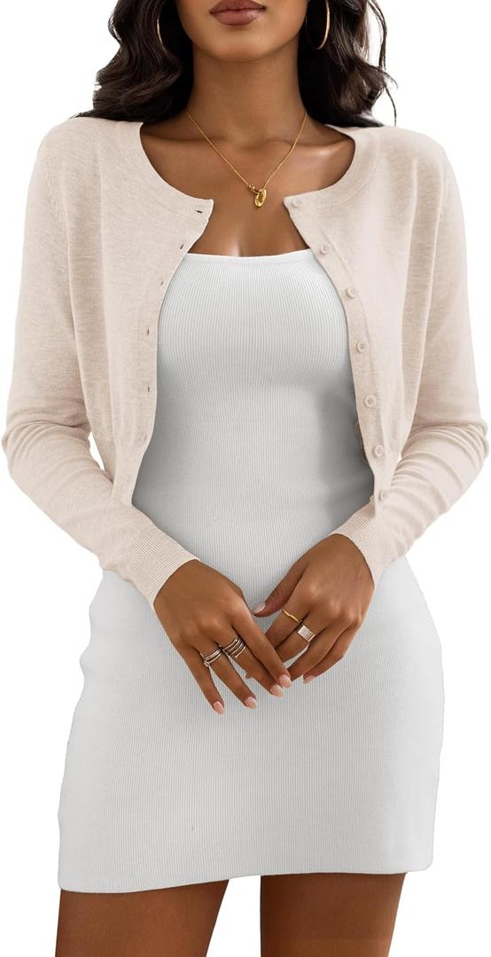 Cropped Cardigan Sweaters for Women Crew Neck Knit Bolero Shrugs (Beige, M)