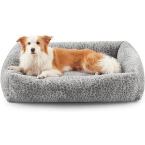 JOEJOY Dog Bed Medium Size Dog, Removable Washable Cover Orthopedic Soft Pet Bed, Anti-Slip Fluffy Plush Faux Rabbit Fur Puppy Bed, 30"x24"x8", Leopard Print, Grey