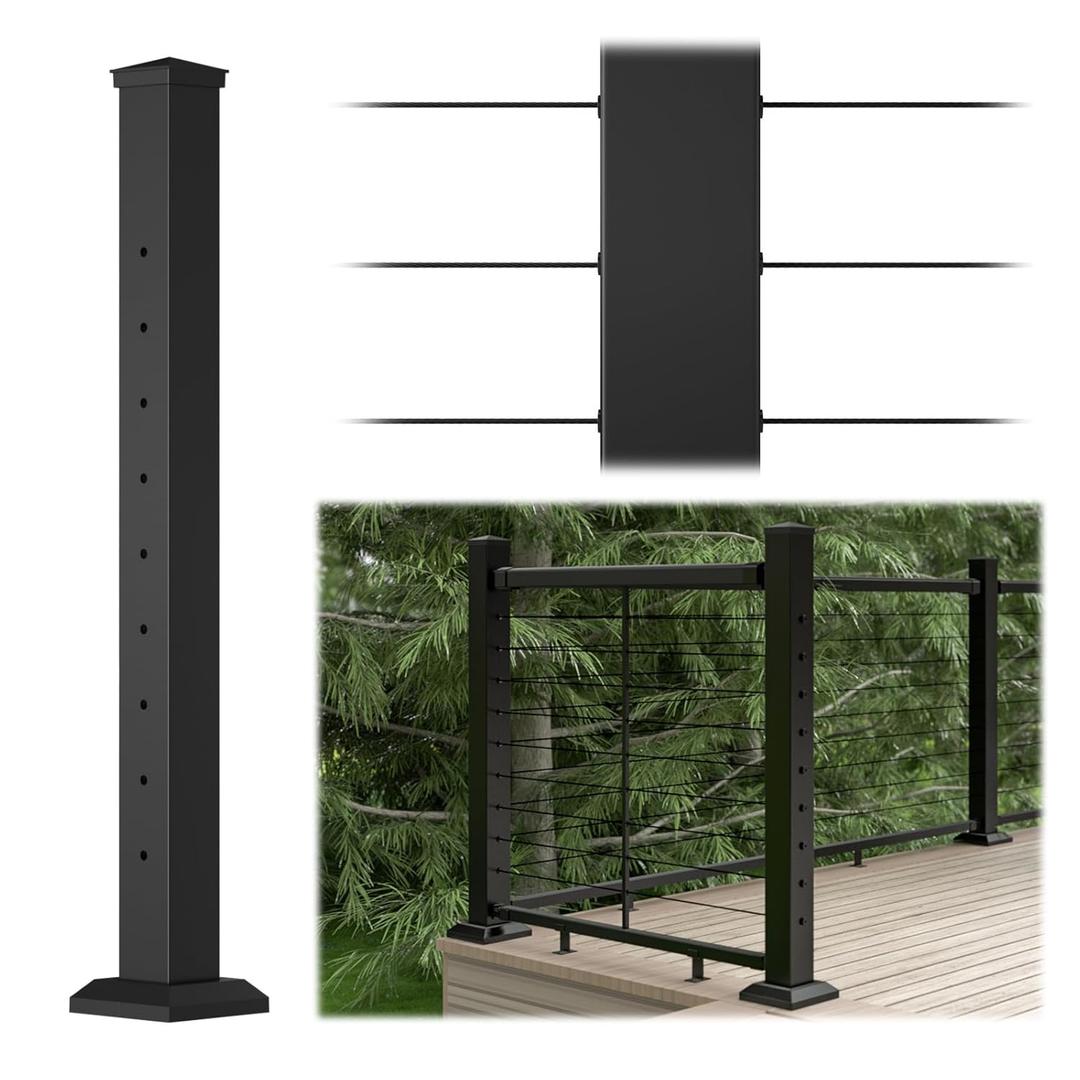 Muzata Aluminum Black Cable Railing Post 39"x3"x3" Level Drilled Surface Mount Sturdy Cable Railing System Kit Indoor Outdoor Seaside with Paper User Guide PY85 BHA5