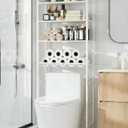 4-Tier Over-the-Toilet Storage Rack with One-Piece Wooden Shelves & Open Net Basket, Bathroom Organizer with Adjustable Feet & Anti-Tip Kit, Space-Saving Toilet Shelf, White, 24.4" x 9.4" x 69.3"