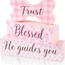 Pink Bow Wooden Tabletop Decor, Trust Blessed He Guides You Block Sign, Farmhouse Rustic Centerpiece for Table Shelf, Easter Christian Faith Home Decoration, Inspirational Gift for Women