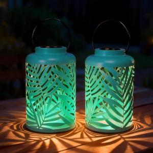 Solar Lantern Outdoor Waterproof Lanterns, 2 Pack Metal Leaf Projection Hanging Lanterns Decorative Lantern for Patio Garden Yard Backyard Front Porch (Blue)