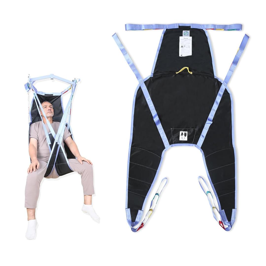 Universal Divided Leg Sling with Head Support, Padded Patient Lift Sling for Transfer, Lifting or Positioning, U Shape Transfer Sling for Elderly, Disabled, Bedridden, 500Lbs (Black, Medium)