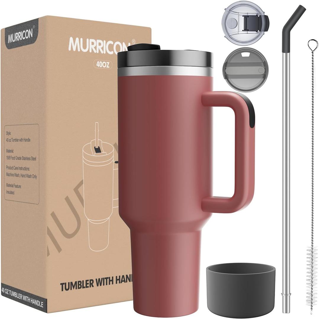 MURRICON 40 oz Tumbler with Handle and Straw,Reusable Vacuum Quencher Tumbler with Lid,Stainless Steel Insulated Travel Mug,for Coffee and Beverages(Rubigenous)