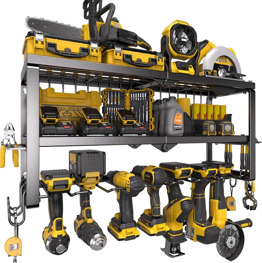 Power Tool Organizer for Tool Storage, Drill Holder Wall Mount with Charging Station, Tool Holder and Storage Rack for Garage Organization, Heavy Duty Metal Tool Shelf with Battery Holder (3 shelves 7 slots)